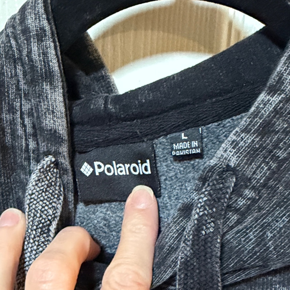 Polaroid Black Cropped Acid-Washed Hoodie with Rainbow Stripe Logo. Size Large - Picture 6 of 8